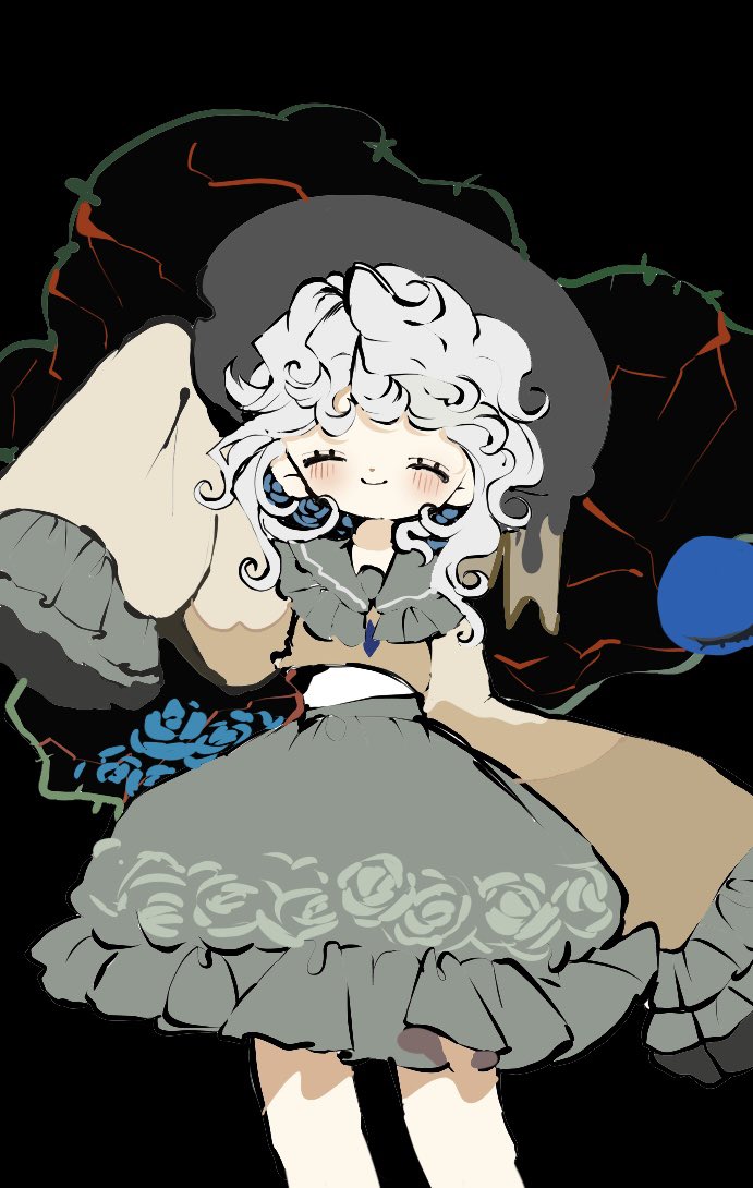 1girl, black_hat, blue_flower, blue_rose, bow, buttons, closed_eyes, diamond_button