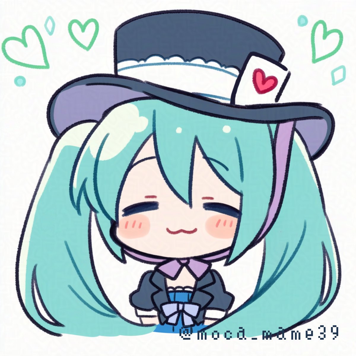 1girl, :3, aqua_hair, black_dress, black_hat, blush_stickers, chibi, chibi_only