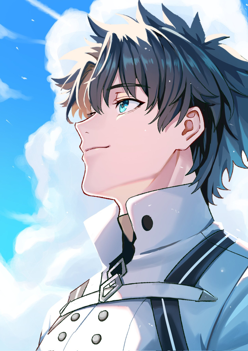 1boy, bear_boss, black_hair, blue_eyes, blue_sky, clouds, cloudy_sky, commentary_request, day, fate/grand_order, fate_(series), fujimaru_ritsuka_(male), fujimaru_ritsuka_(male)_(decisive_battle_chaldea_uniform), highres, jacket, male_focus, outdoors, portrait, short_hair, sky, smile, solo