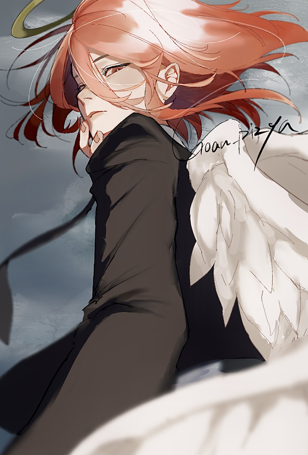 1boy, androgynous, angel, angel_devil_(chainsaw_man), angel_wings, black_jacket, black_necktie, blurry