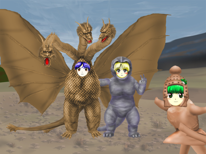 baby_godzilla, blonde_hair, blue_hair, blush_stickers, commentary_request, cosplay, daimajin, godzilla