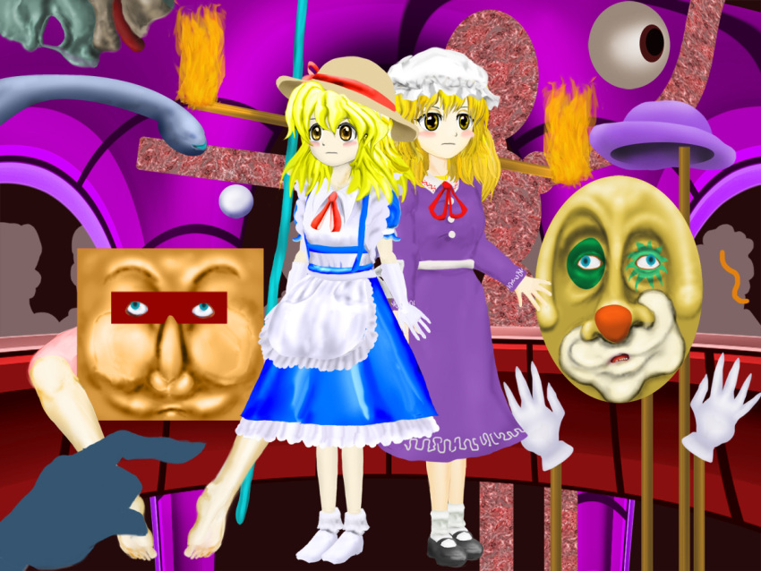 2girls, apron, blonde_hair, blue_dress, blush_stickers, commentary_request, dress, elbow_gloves