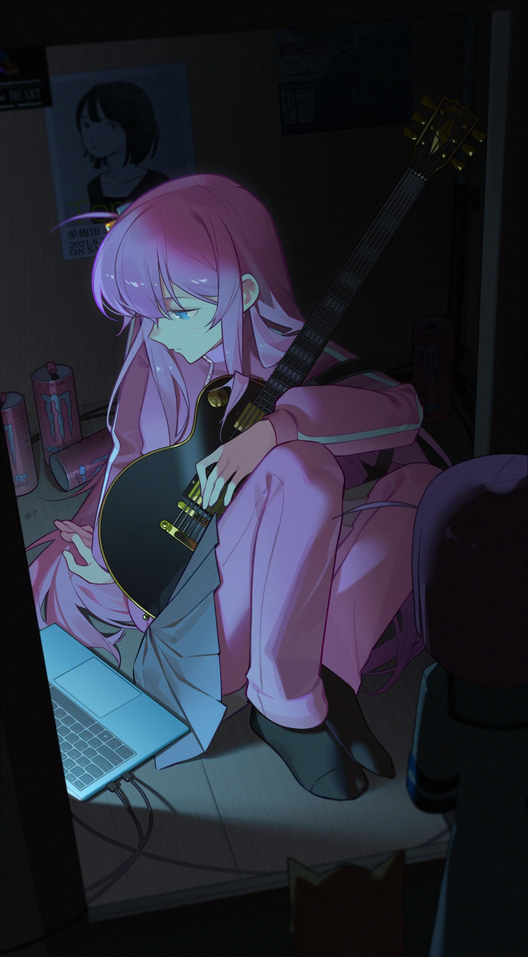 1girl, black_socks, blue_eyes, bocchi_the_rock!, can, computer, gotoh_hitori, grey_skirt, guitar, highres, holding, holding_guitar, holding_instrument, indoors, instrument, jacket, long_sleeves, looking_down, monster_energy, pants, pink_hair, pink_jacket, pink_pants, poster_(object), puffy_long_sleeves, puffy_sleeves, sitting, skirt, socks, solo, song113