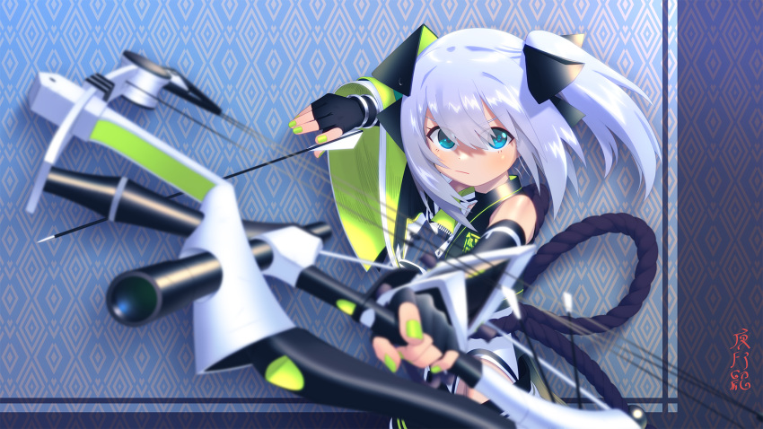 1girl, :/, arrow_(projectile), blue_eyes, bow_(weapon), commentary_request, commission, compound_bow