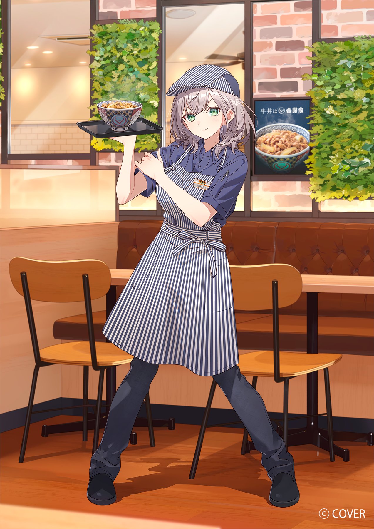 1girl, apron, black_pants, black_shoes, bowl, breasts, chair, closed_mouth