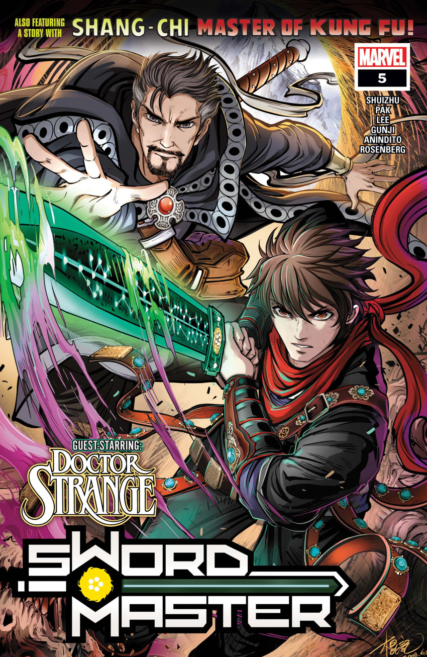 2boys, absurdres, artist_name, bag, black_facial_hair, black_hair, black_pants, black_robe, brown_eyes, brown_hair, cape, character_name, chen_xiaoyun_(gunji), clenched_teeth, comic_cover, company_name, copyright_logo, copyright_name, cover, cover_page, doctor_strange, doctor_strange_(series), english_text, facial_hair, floating_clothes, grey_cape, grey_eyes, grey_hair, highres, holding, holding_sword, holding_weapon, lin_lie_(marvel), logo, male_focus, marvel, mature_male, monster, multicolored_hair, multiple_boys, official_alternate_costume, official_art, pants, portal_(object), red_scarf, robe, scarf, short_hair, shoulder_bag, sword, sword_master_(marvel), teeth, weapon, weapon_on_back