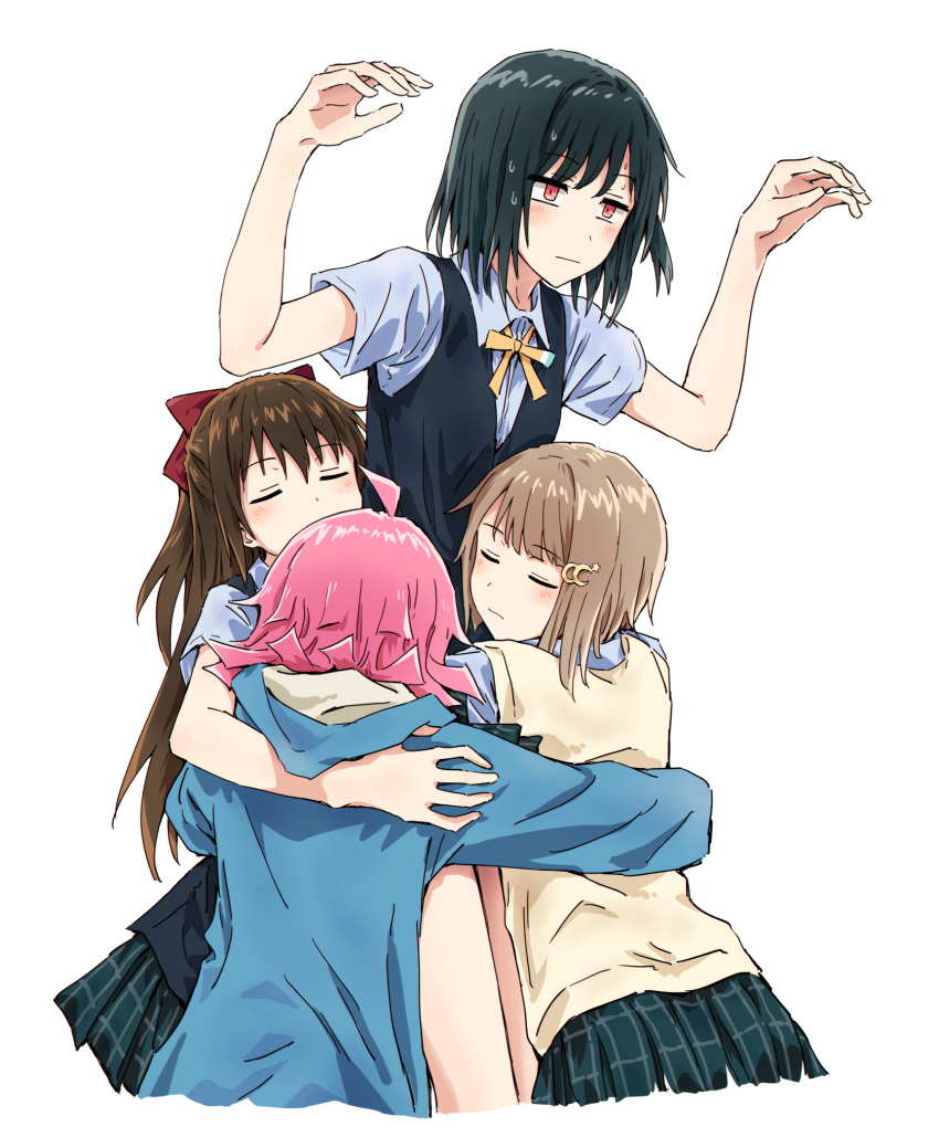 4girls, :|, =_=, ahoge, arms_up, black_hair, black_vest, blue_jacket
