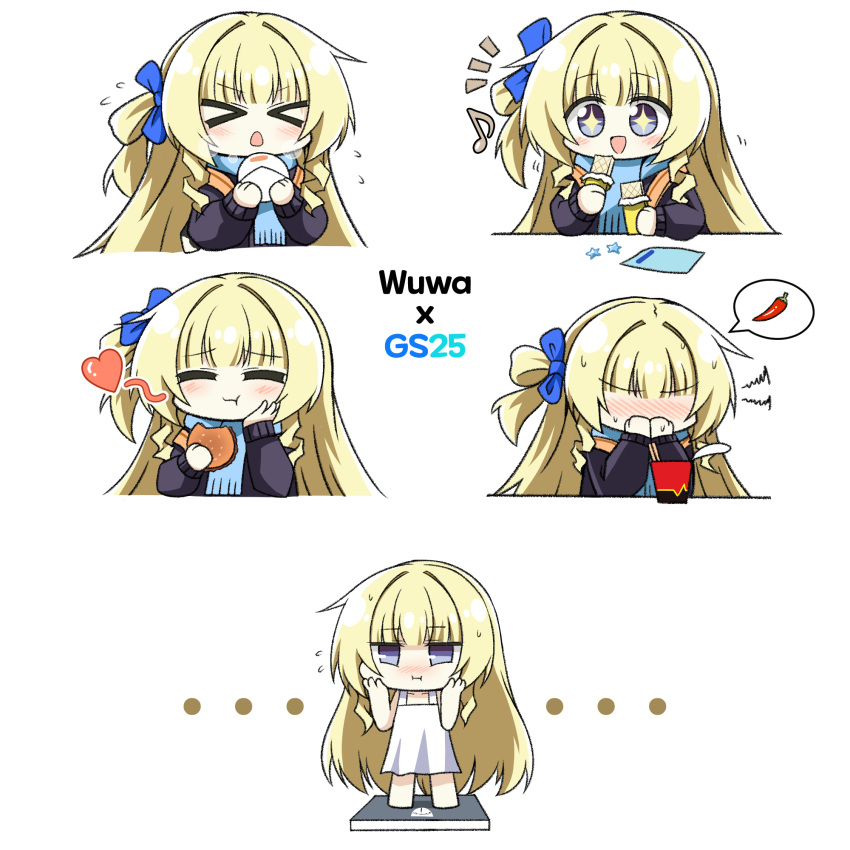 >_<, +_+, ..., 1girl, :i, blonde_hair, blue_bow, blue_eyes