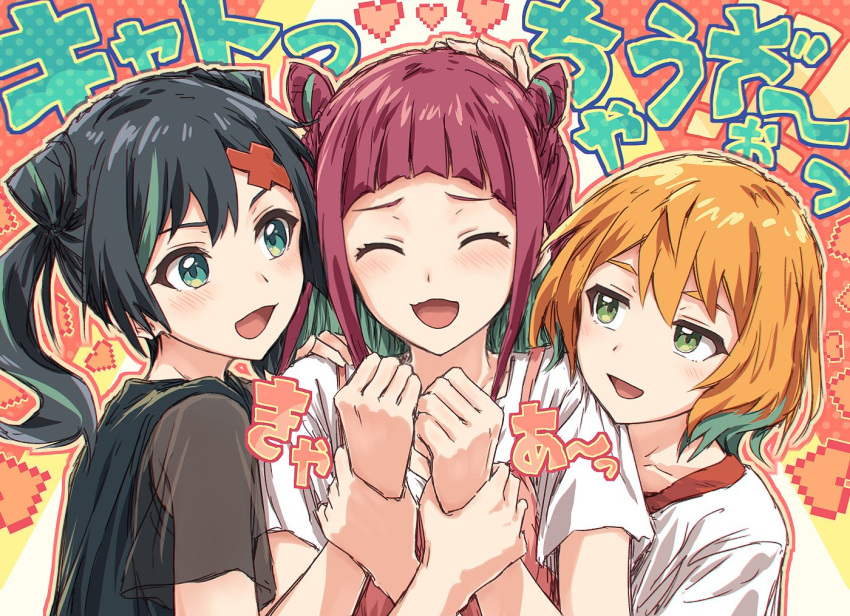 3girls, :d, ^_^, black_hair, black_shirt, blunt_bangs, bob_cut, clenched_hands