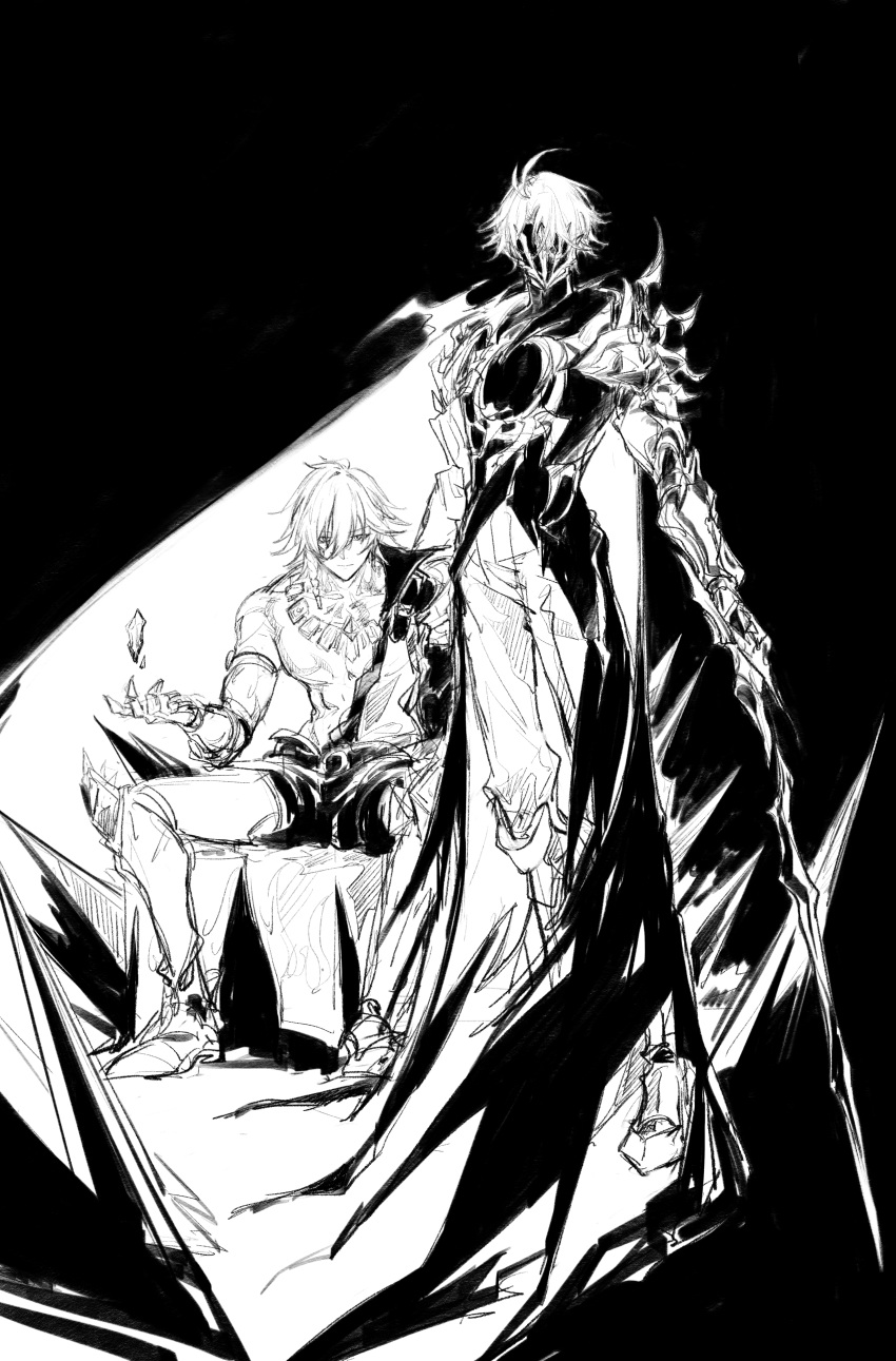 2boys, absurdres, antenna_hair, armlet, armored_boots, black_coat, black_pants, boots