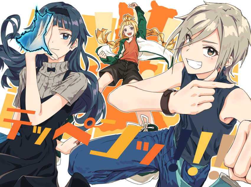 3girls, :d, bangs_pinned_back, black_dress, black_shirt, black_shorts, blonde_hair, blue_eyes