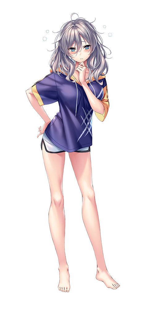 1girl, amakano_2, bare_legs, barefoot, blue_eyes, blue_hoodie, blush, breasts