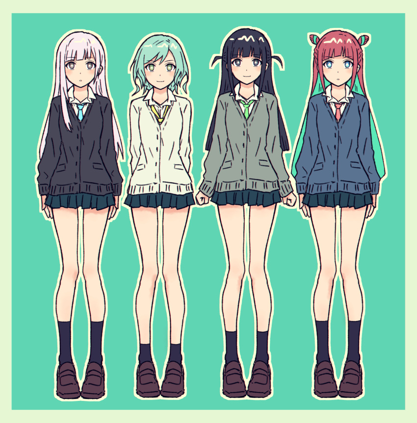 4girls, aqua_background, aqua_hair, bang_dream!, bang_dream!_girls_band_party!, black_cardigan, black_hair, black_socks