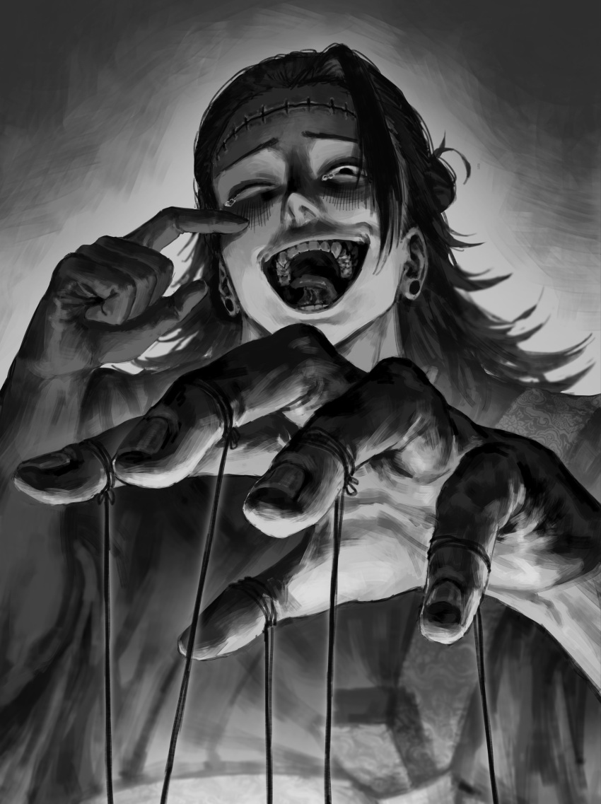 1boy, absurdres, bh20647, finger_to_eye, from_below, getou_suguru, getou_suguru_(kenjaku), greyscale, hair_bun, hair_pulled_back, highres, jujutsu_kaisen, kesa, laughing, long_hair, male_focus, monochrome, one_eye_closed, open_mouth, plug_(piercing), realistic_teeth, solo, stitched_forehead, tears, teeth, tongue