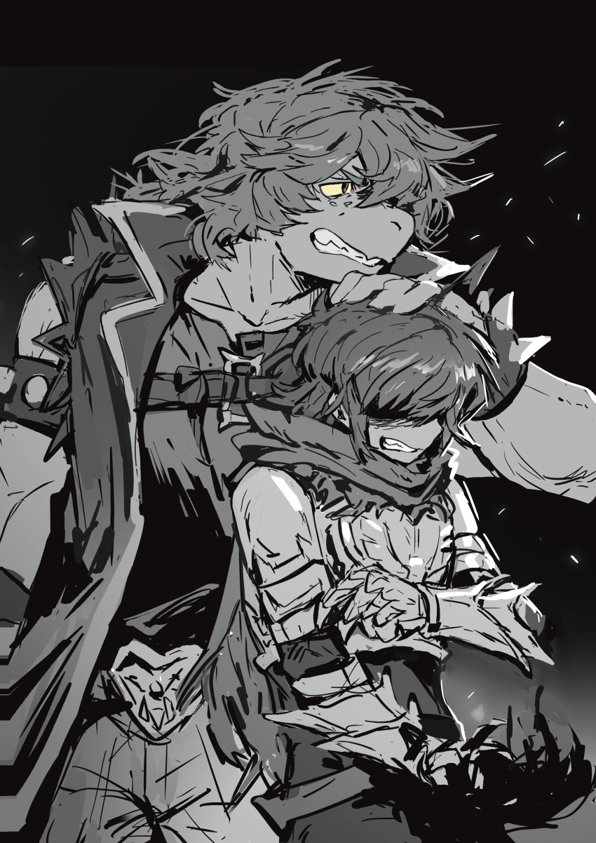 1girl, 1other, absurdres, armor, bracelet, clenched_teeth, commentary, deltarune, english_commentary, greyscale, hand_on_another's_head, highres, jewelry, kris_(dark_world)_(deltarune), kris_(deltarune), latencyknight, magic_arm, monochrome, reptile_girl, size_difference, spiked_bracelet, spikes, susie_(dark_world)_(deltarune), susie_(deltarune), teeth, utdr_(toby_fox)