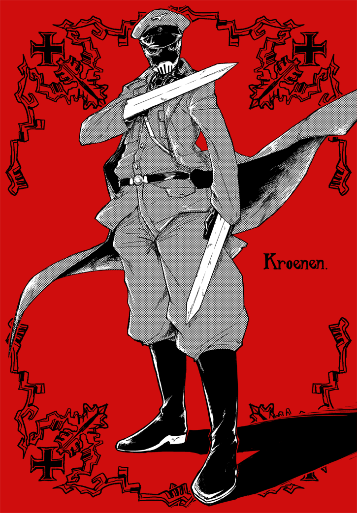 1k, hat, hellboy_(comic), karl_ruprecht_kroenen, male, mask, military_uniform, monochrome
