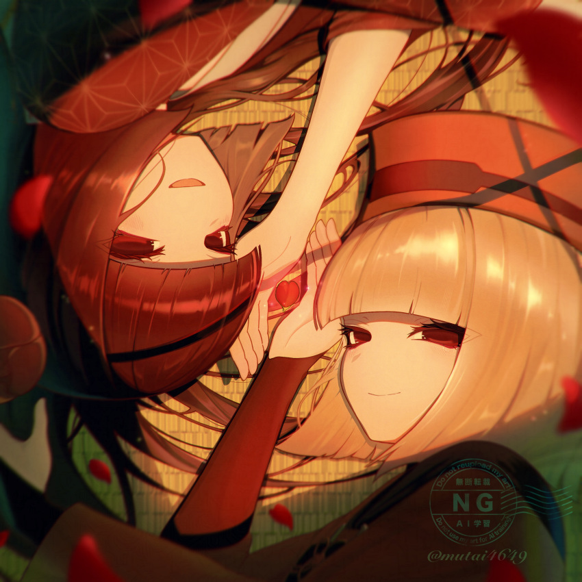2girls, absurdres, black_eyes, black_hair, black_kimono, blunt_bangs, breasts, commentary_request, eyeliner, fate/grand_order, fate_(series), flower, grey_hair, hair_flower, hair_ornament, hat, highres, japanese_clothes, kimono, komahime_(fate), long_hair, long_sleeves, looking_at_viewer, lying, makeup, multiple_girls, mutai4649, on_side, open_mouth, red_hat, red_kimono, sen_no_rikyu_(fate), sen_no_rikyu_(first_ascension)_(fate), short_hair, small_breasts, smile, very_long_hair, wide_sleeves