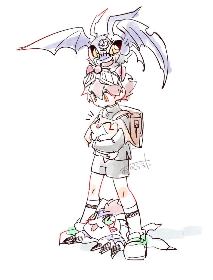 1boy, 96uni69, backpack, bag, black_shirt, brown_hair, commentary_request, digimon