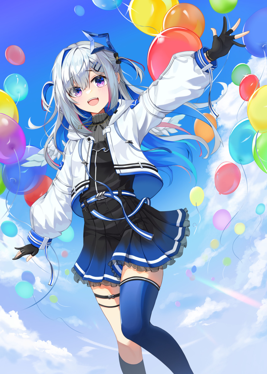 1girl, absurdres, amane_kanata, amane_kanata_(work), aqua_wings, balloon, belt, black_dress