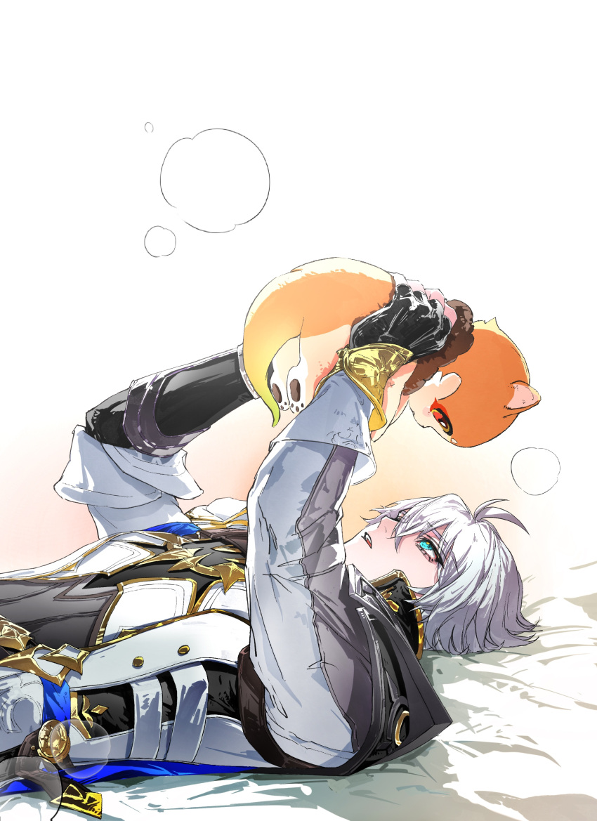 1boy, absurdres, antenna_hair, armor, black_gloves, black_shirt, blue_cape, blue_eyes, broomhmh, cape, chimera_(honkai:_star_rail), chinese_commentary, coat, commentary_request, creature, fingerless_gloves, gloves, highres, holding, holding_creature, honkai:_star_rail, honkai_(series), looking_at_creature, lying, male_focus, mydei_(fig_stew)_(honkai:_star_rail), mydei_(honkai:_star_rail), on_back, open_mouth, pauldrons, phainon_(honkai:_star_rail), shirt, short_hair, shoulder_armor, single_pauldron, solo, white_coat, white_hair