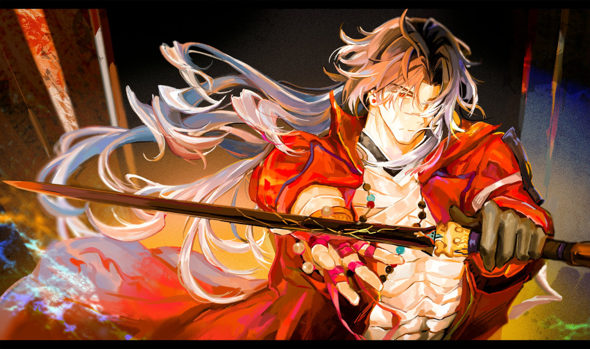 1boy, ahoge, bandaged_chest, bead_necklace, beads, blade_(elation)_(honkai:_star_rail), blade_(honkai:_star_rail), blue_hair