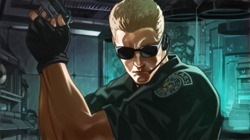 1boy, absurdres, albert_wesker, black_jacket, blonde_hair, commentary, english_commentary, facing_to_the_side