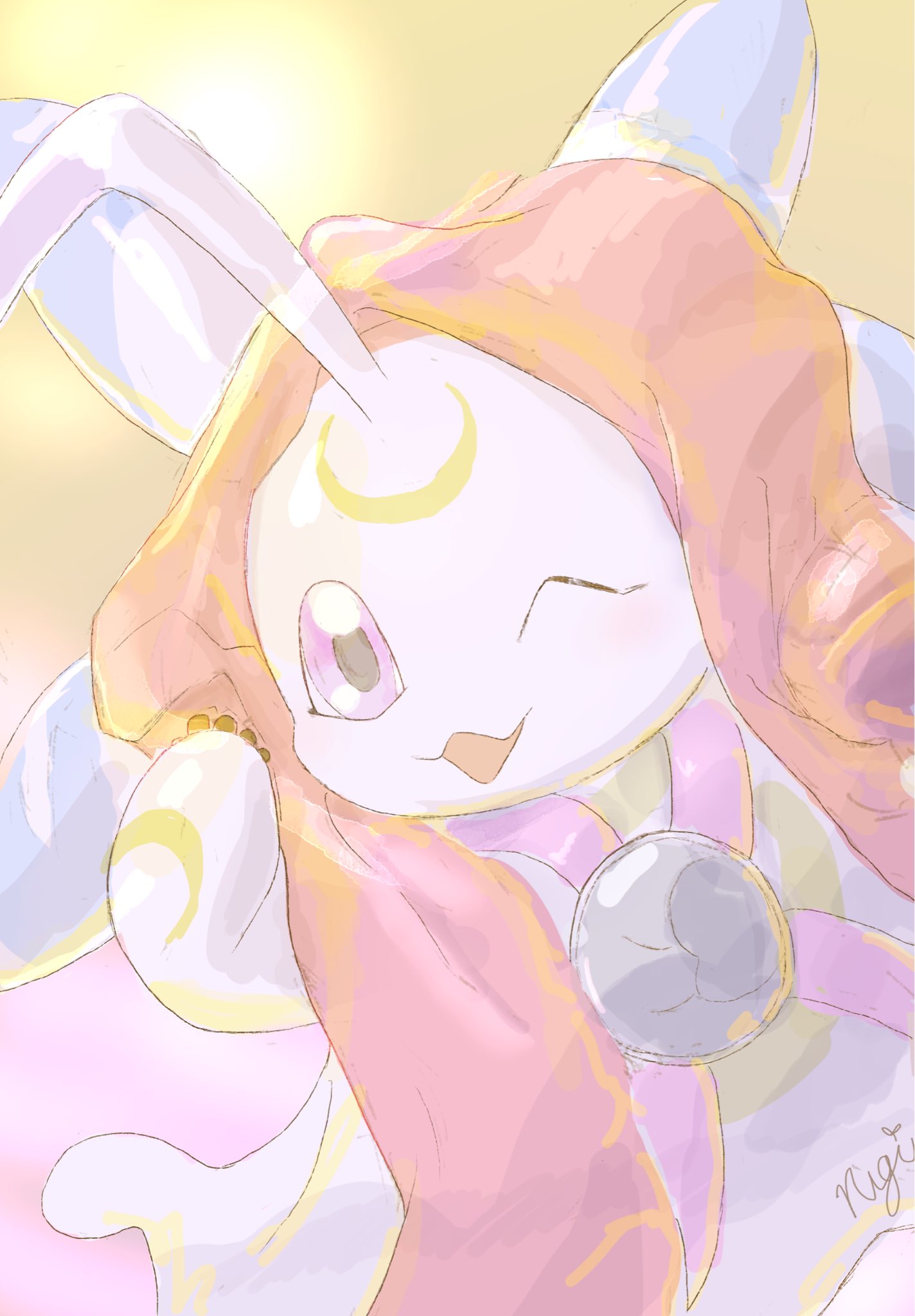 commentary_request, crescent, digimon, digimon_(creature), facial_mark, forehead_mark, highres, looking_at_viewer, lunamon, nigreenwalker, no_humans, one_eye_closed, open_mouth, rabbit, smile