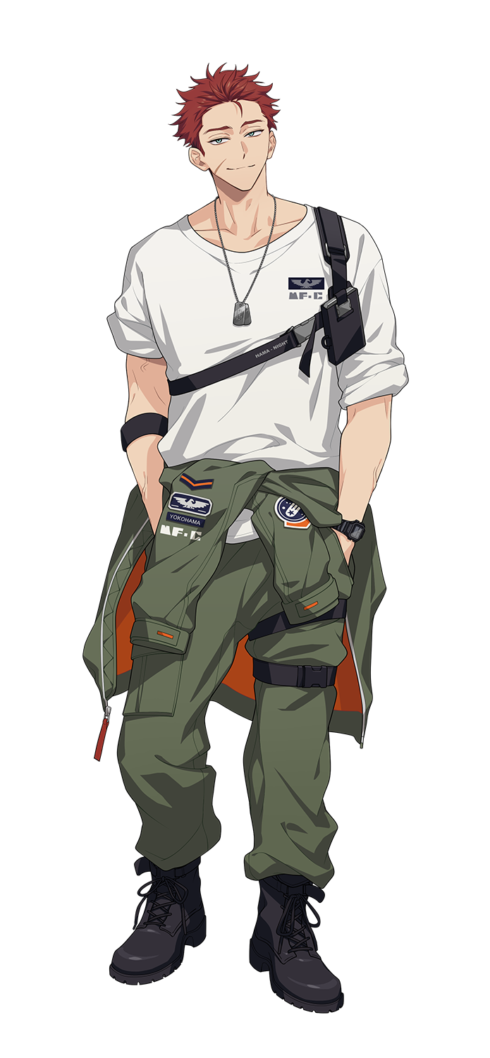 18trip, 1boy, arm_belt, belt, black_belt, black_shoes, boots, cargo_pants, closed_mouth, clothes_around_waist, combat_boots, crossbody_bag, full_body, green_eyes, green_jacket, green_pants, highres, iwabuchi_daniel_hiroshi, jacket, jacket_around_waist, jewelry, muscular, muscular_male, necklace, official_art, pants, red_hair, scar, scar_on_face, shirt, shoes, simple_background, sleeves_rolled_up, smile, thigh_belt, thigh_strap, v-taper, watch, watch, white_background, white_shirt