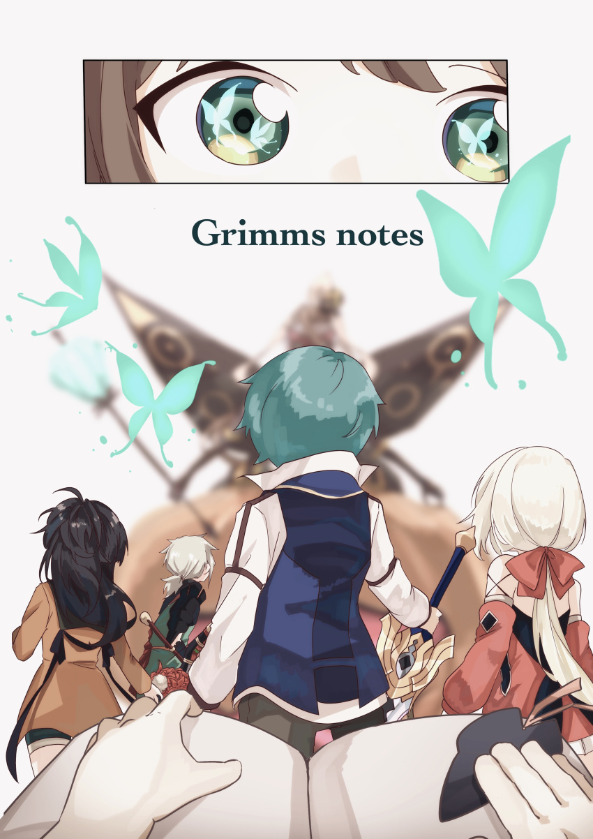 1other, 2boys, 3girls, absurdres, aqua_butterfly, bare_shoulders, black_hair, blonde_hair