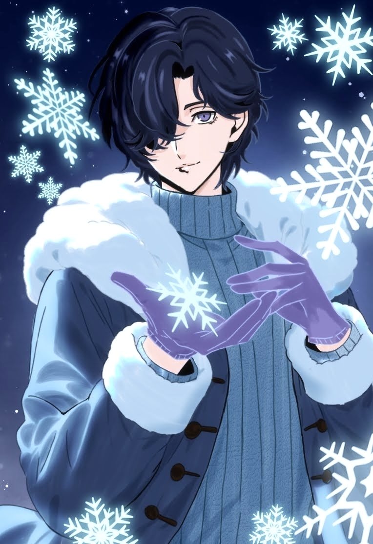 1boy, akegoro_s2, alternate_costume, ashiya_masaki, black_hair, closed_mouth, commentary_request, fur_trim, gloves, grey_sweater, hair_over_one_eye, looking_at_viewer, male_focus, one_eye_covered, persona, persona_5, persona_5:_the_phantom_x, purple_gloves, ribbed_sweater, smile, snowflakes, solo, sweater, turtleneck, turtleneck_sweater, violet_eyes, wavy_hair