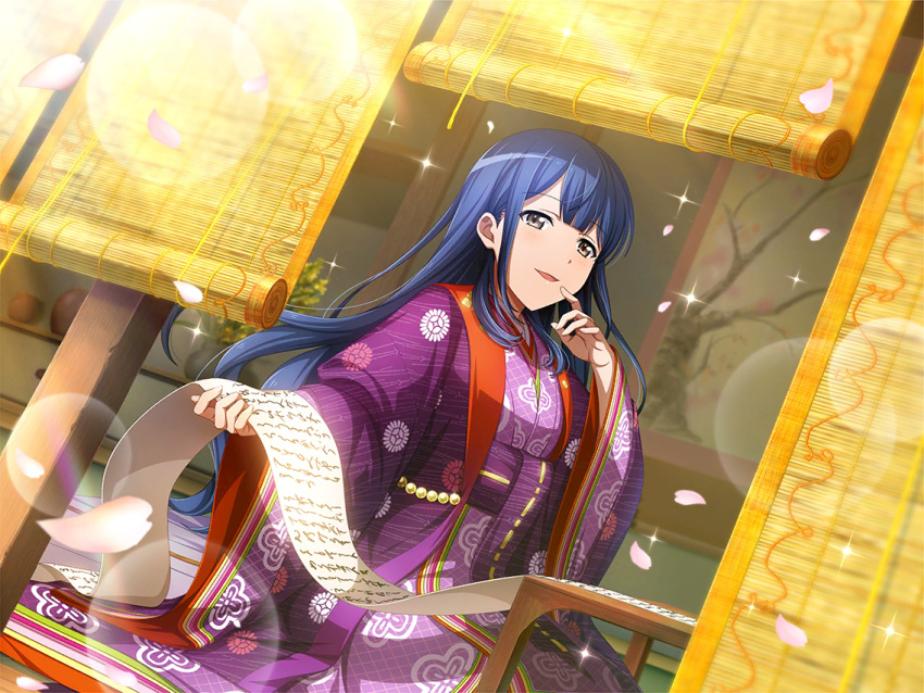 1girl, blue_hair, brown_eyes, cosplay, dutch_angle, falling_petals, game_cg, hanayagi_kaoruko, japanese_clothes, karaginu_mo, kimono, long_hair, long_sleeves, looking_at_viewer, murasaki_shikibu, murasaki_shikibu_(cosplay), official_art, parted_lips, petals, purple_kimono, shoujo_kageki_revue_starlight, shoujo_kageki_revue_starlight_-re_live-, sidelocks, sitting, solo, very_long_hair