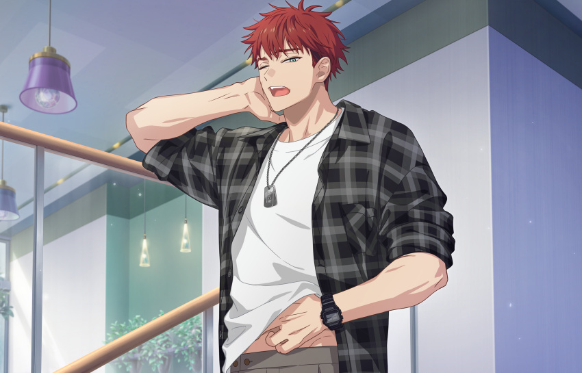18trip, 1boy, abs, arm_behind_head, black_jacket, chandelier, clothes_lift, green_eyes, grey_pants, hair_down, highres, indoors, iwabuchi_daniel_hiroshi, jacket, jewelry, looking_at_viewer, multicolored_jacket, necklace, official_art, one_eye_closed, open_mouth, pants, red_hair, scar, scar_on_face, scratching_head, shirt, silver_necklace, sleeves_rolled_up, two-tone_jacket, watch, watch, white_jacket, white_shirt, yawning