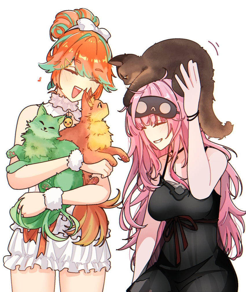 babydoll, black_nightgown, breasts, cat, chonkers_(takanashi_kiara), frills, green_hair, hair_bun