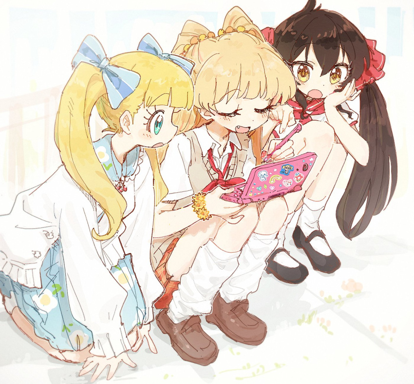 3girls, blonde_hair, blush, bow, bracelet, brown_hair, closed_eyes, hair_bow, hair_ribbon, highres, idolmaster, idolmaster_cinderella_girls, jewelry, jougasaki_rika, loafers, long_hair, mary_cochran, matoba_risa, multiple_girls, nendo23, open_mouth, ribbon, sexy_panthers_(idolmaster), shoes, sitting, skirt, smile, socks, twintails, very_long_hair