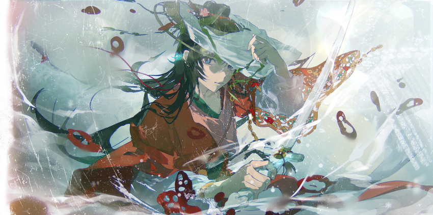 1girl, absurdres, black_hair, blood, blood_on_face, blue_eyes, chinese_clothes, chinese_commentary