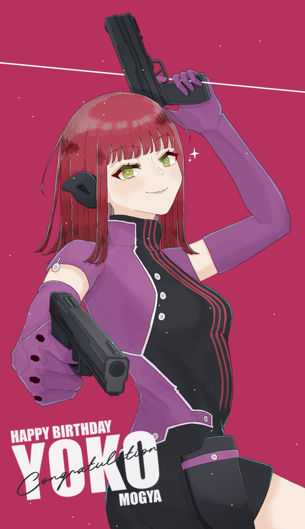 1girl, birthday, breasts, character_name, commentary, dual_wielding, elbow_gloves, english_text, gloves, green_eyes, gun, happy_birthday, headphones, highres, holding, holding_gun, holding_weapon, jacket, katori_squad's_uniform, katori_youko, leotard, medium_breasts, medium_hair, no_tendon69, purple_gloves, purple_jacket, red_background, red_hair, smile, solo, turtleneck, turtleneck_leotard, weapon, world_trigger