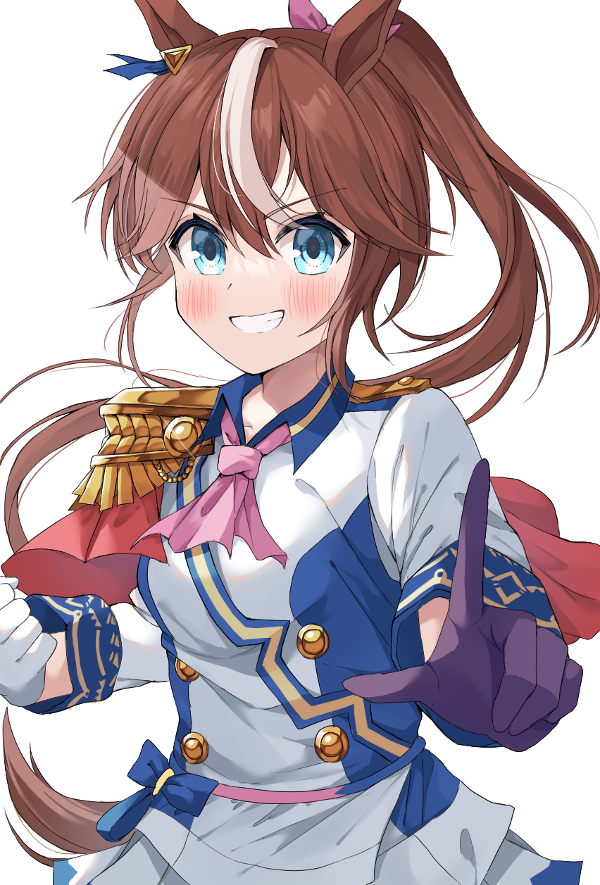 1girl, animal_ears, black_gloves, blue_eyes, blush, commentary_request, gloves, highres, horse_ears, horse_girl, long_hair, looking_at_viewer, multicolored_hair, nekoshima_kaede, official_alternate_costume, pointing, pointing_at_viewer, ponytail, shirt, skirt, smile, solo, streaked_hair, tokai_teio_(beyond_the_horizon)_(umamusume), tokai_teio_(umamusume), umamusume, white_background, white_gloves, white_shirt, white_skirt, white_streaks