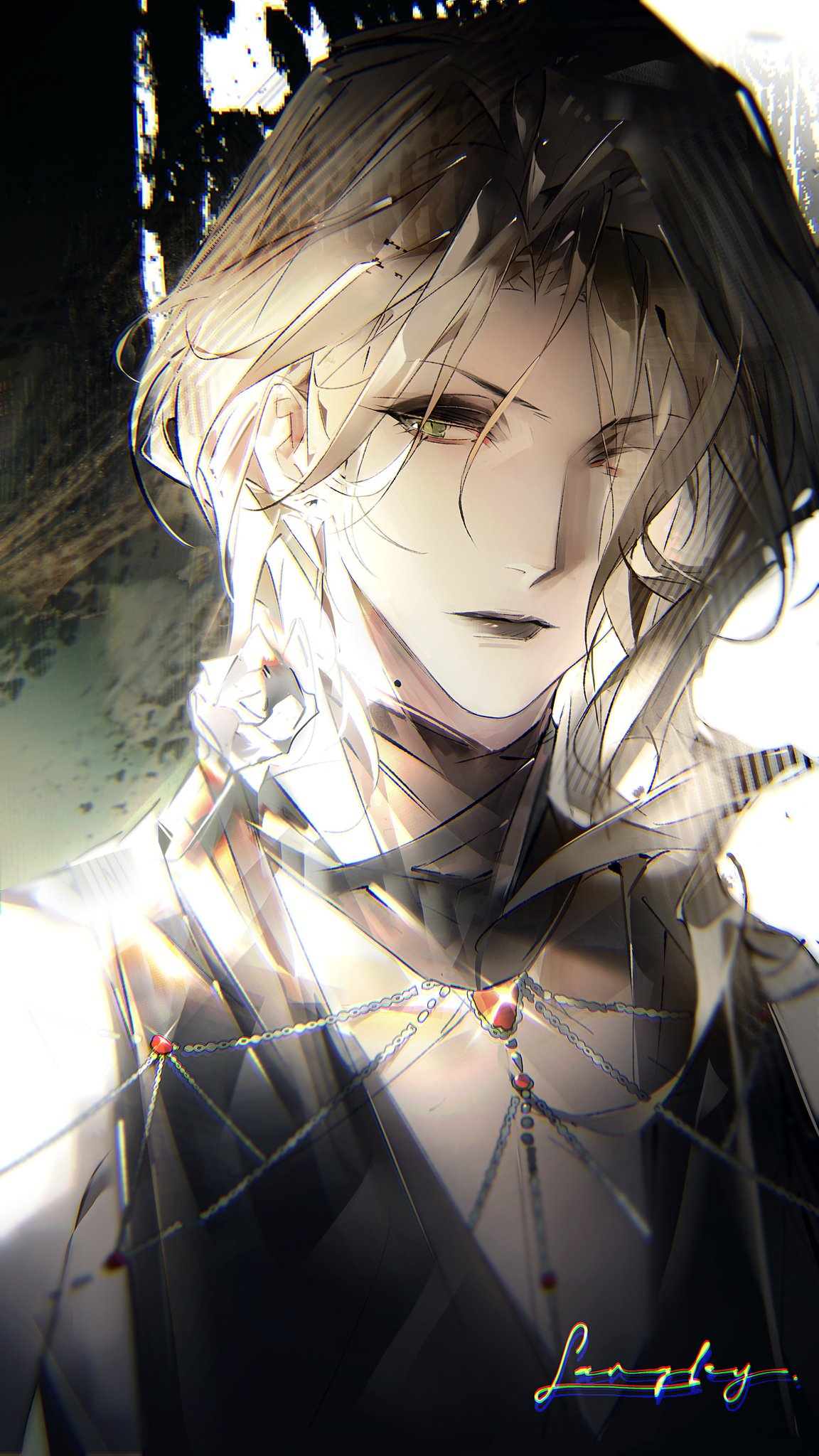 1girl, black_lips, blonde_hair, expressionless, green_eyes, highres, jewelry, langley_(path_to_nowhere)