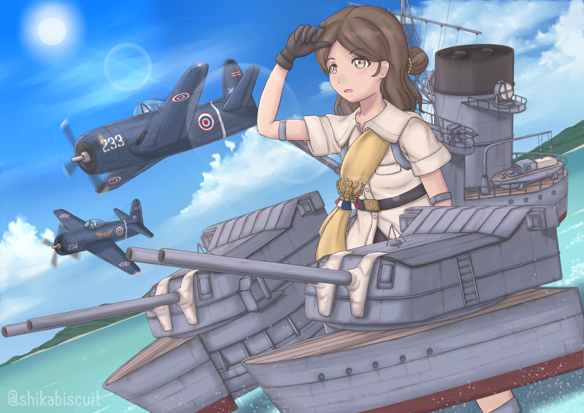 1girl, absurdres, aircraft, airplane, black_gloves, blue_sky, brown_eyes, brown_hair
