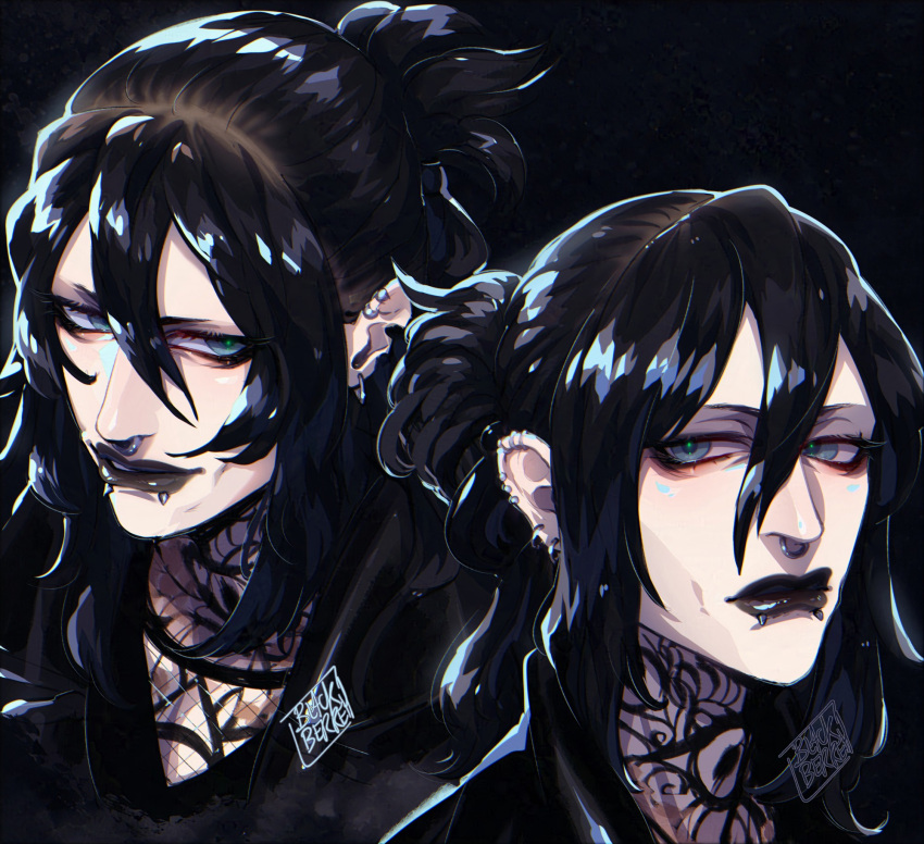 1boy, black_hair, blackberreh-art, blonde_hair_roots, commentary, design_speculation, ear_piercing, earrings