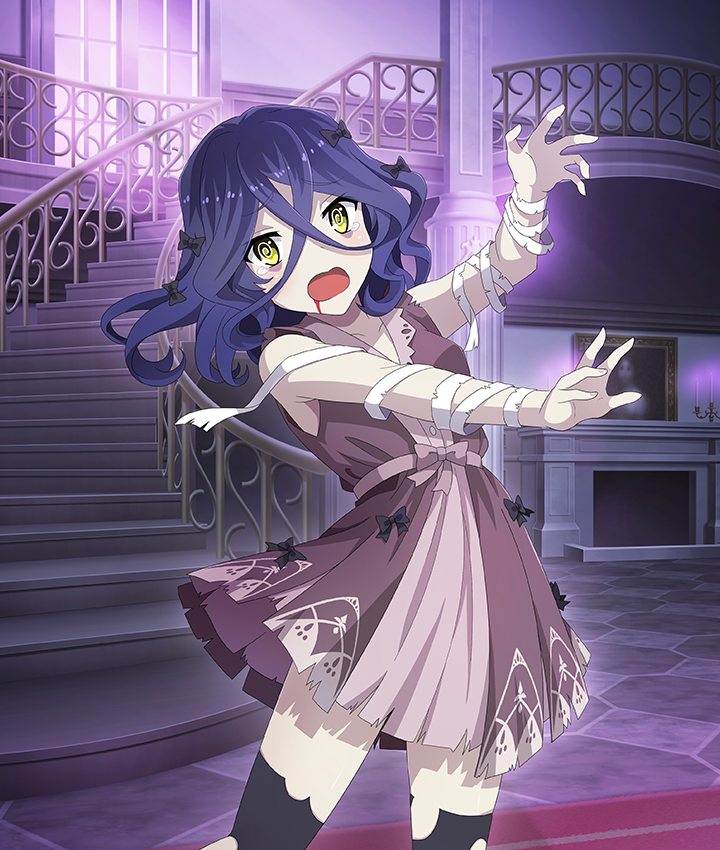 1girl, :o, @_@, arm_up, bags_under_eyes, bandaged_arm, bandages, banister