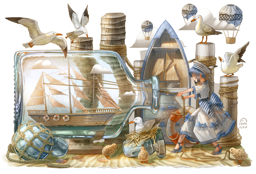 1girl, absurdres, aircraft, animal, artist_name, baby_animal, bird, black_sandals
