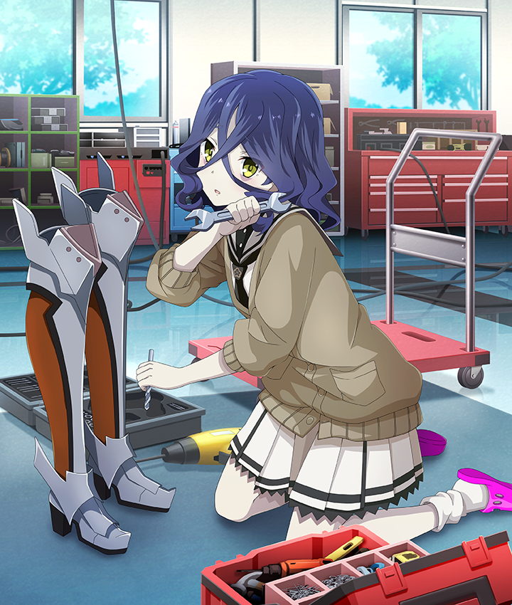 1girl, :o, ayanokouji_martial_arts_school_uniform, bags_under_eyes, black_neckerchief, blue_hair, blue_sky, brown_cardigan, cable, cardigan, day, dot_nose, double-sided_wrench, drill_bit, game_cg, green_eyes, grey_sailor_collar, hair_between_eyes, haji_keiko, hammer, holding, holding_wrench, indoors, kneeling, leaning_forward, leg_armor, looking_at_viewer, loose_socks, medium_hair, neckerchief, official_art, on_floor, open_mouth, pale_skin, pink_shoes, power_drill, power_tool, pushcart, reflective_floor, sailor_collar, school_uniform, serafuku, shelf, shoes, skirt, sky, socks, solo, third-party_source, toji_no_miko, toji_no_miko:_kizamishi_issen_no_tomoshibi, toolbox, tree, wavy_hair, white_serafuku, white_skirt, white_socks, window, workshop, wrench