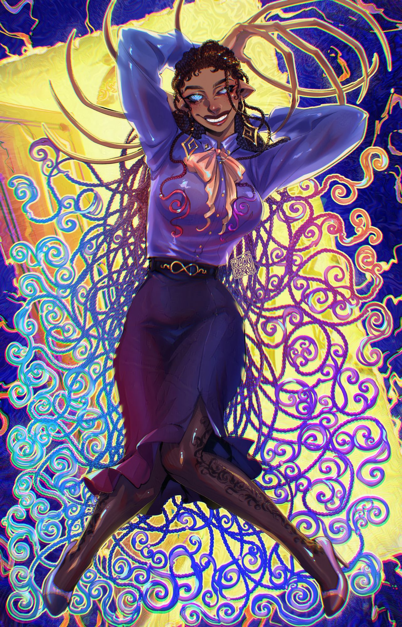 1girl, black_hair, blackberreh-art, blue_eyes, box_braids, breasts, commentary, curly_hair, dark-skinned_female, dark_skin, design_speculation, distortion_(tma), earrings, english_commentary, grin, helen_richardson, highres, jewelry, large_breasts, light-skinned_palms, lips, long_hair, pointy_ears, sharp_teeth, shirt, skirt, smile, solo, teeth, the_magnus_archives