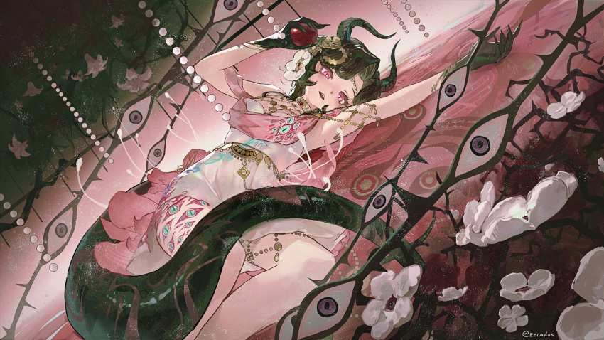 1girl, anjo_nala, anjo_nala_(forbidden_fruit), apple, armpits, arms_up, artist_name, black_hair, commentary, demon_girl, demon_horns, dress, dutch_angle, english_commentary, eyeball, feet_out_of_frame, flower, food, fruit, gloves, green_gloves, hair_flower, hair_ornament, highres, holding, holding_food, holding_fruit, horns, lizard_tail, lying, official_alternate_costume, on_side, open_mouth, reverse:1999, short_dress, sleeveless, sleeveless_dress, solo, tail, violet_eyes, white_dress, white_flower, zeradok