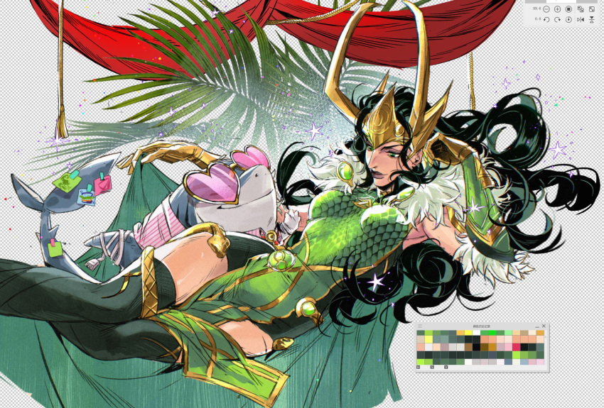 1girl, black_hair, cape, commentary, english_commentary, fake_horns, fur-trimmed_cape, fur_trim