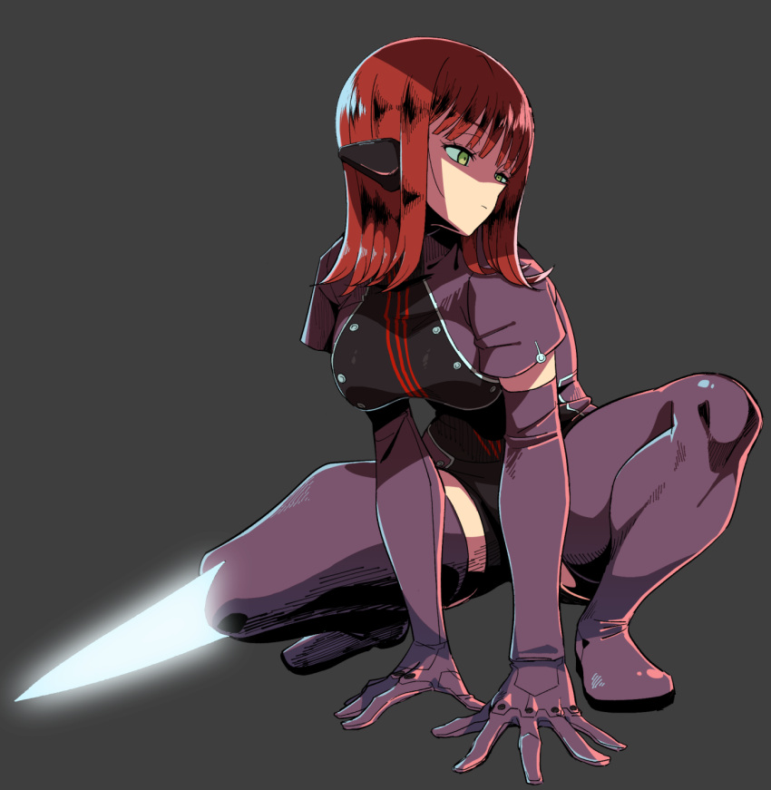 1girl, arms_between_legs, boots, breasts, commentary, elbow_gloves, full_body, gloves, green_eyes, grey_background, headphones, highres, isanainusa, jacket, katori_squad's_uniform, katori_youko, knee_blade, large_breasts, leotard, medium_hair, purple_boots, purple_gloves, purple_jacket, red_hair, shaded_face, squatting, thick_thighs, thigh_boots, thighs, turtleneck, turtleneck_leotard, weapon, world_trigger