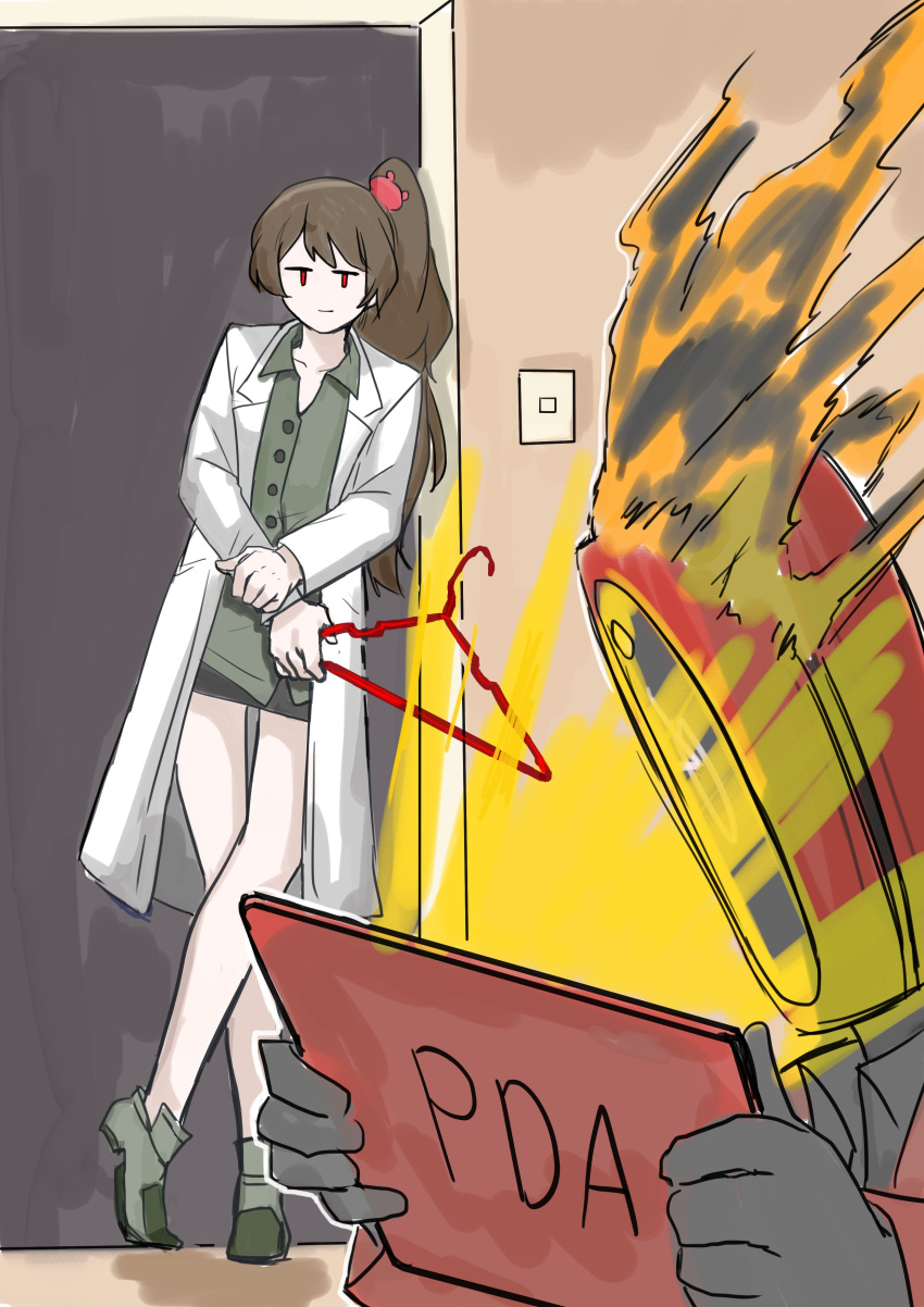1girl, 1other, absurdres, black_gloves, black_shirt, black_skirt, brown_hair, carmen_(project_moon)