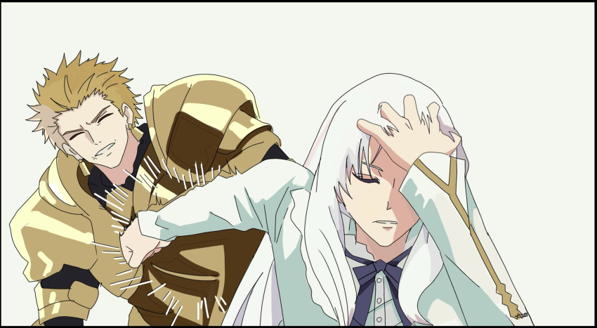1boy, 1girl, adjusting_hair, afterimage, armor, blonde_hair, closed_eyes, edeerirene