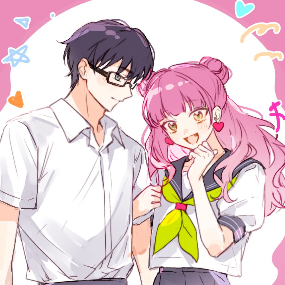 1boy, 1girl, :d, black_hair, black_sailor_collar, commentary, double_bun, earrings